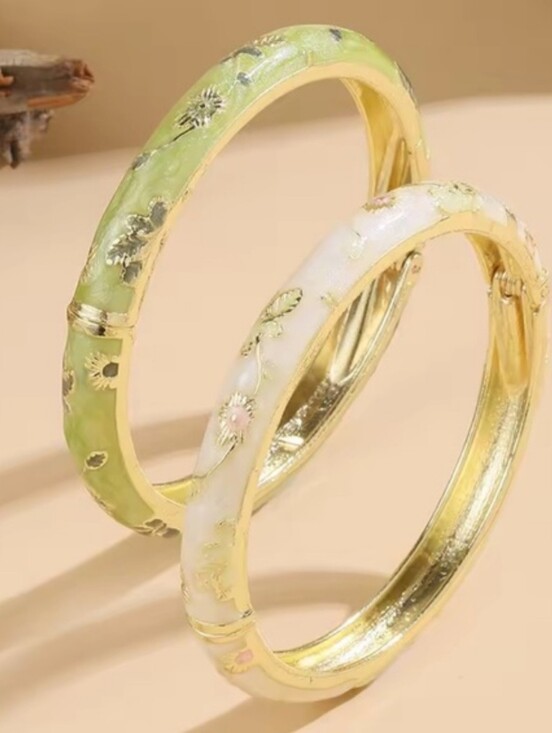 Anthropologie Jewelry - Floral Enamel Bangle Set in Cream and Light Green